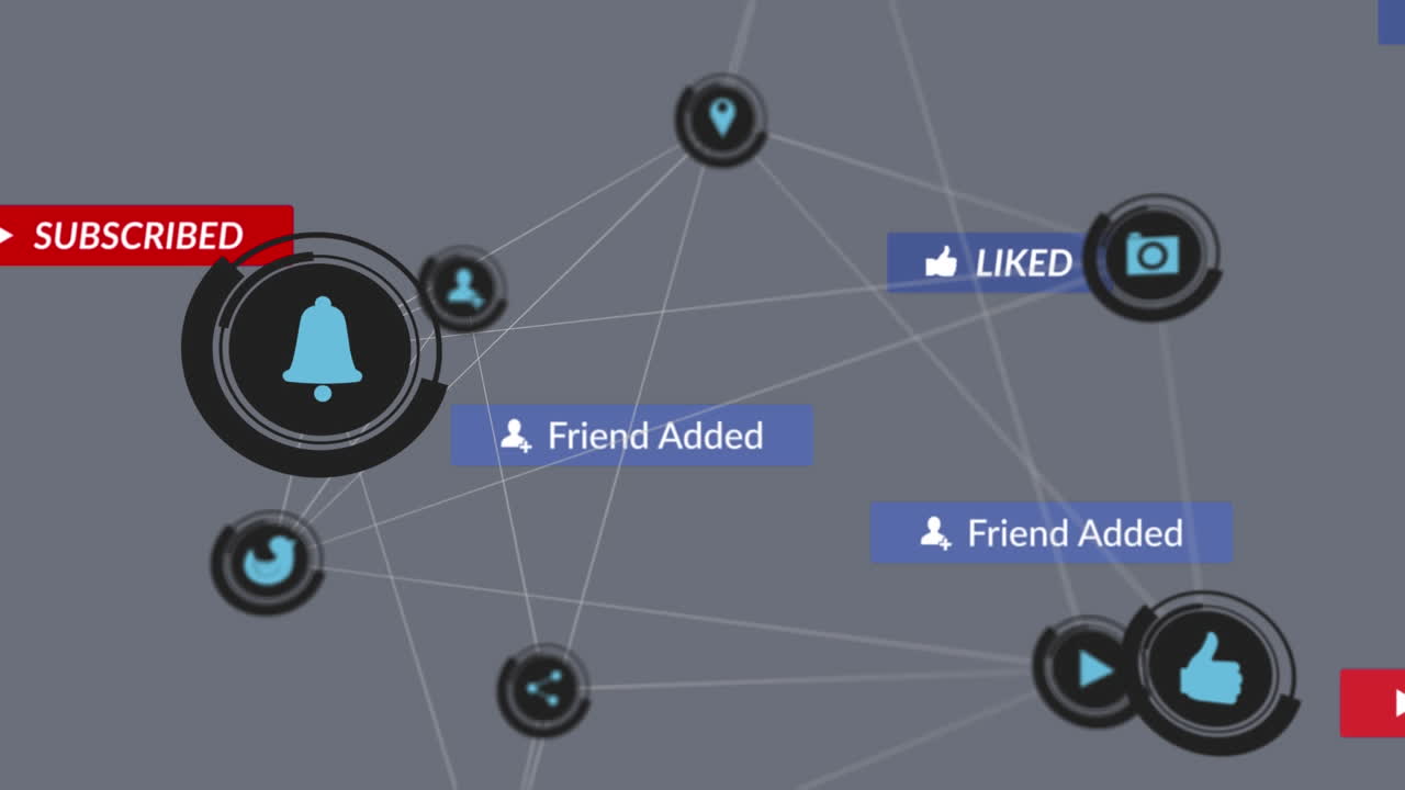 회색 배경 위에 떨어지는 소셜 미디어 아이콘과 이모티콘의 애니메이션