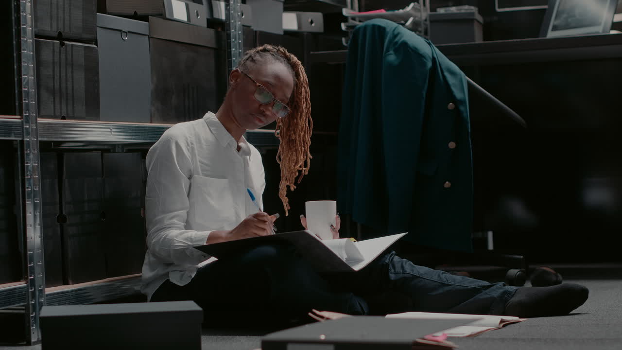 Woman reading a document while sitting on the floor