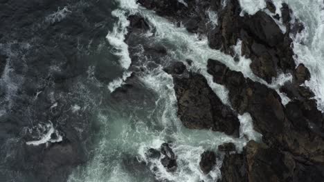 Topdown-View-Of-Crashing-Waves-Onto-Rocks-At-The-Seashore-Of-Tofino,-Vancouver-Island,-Canada