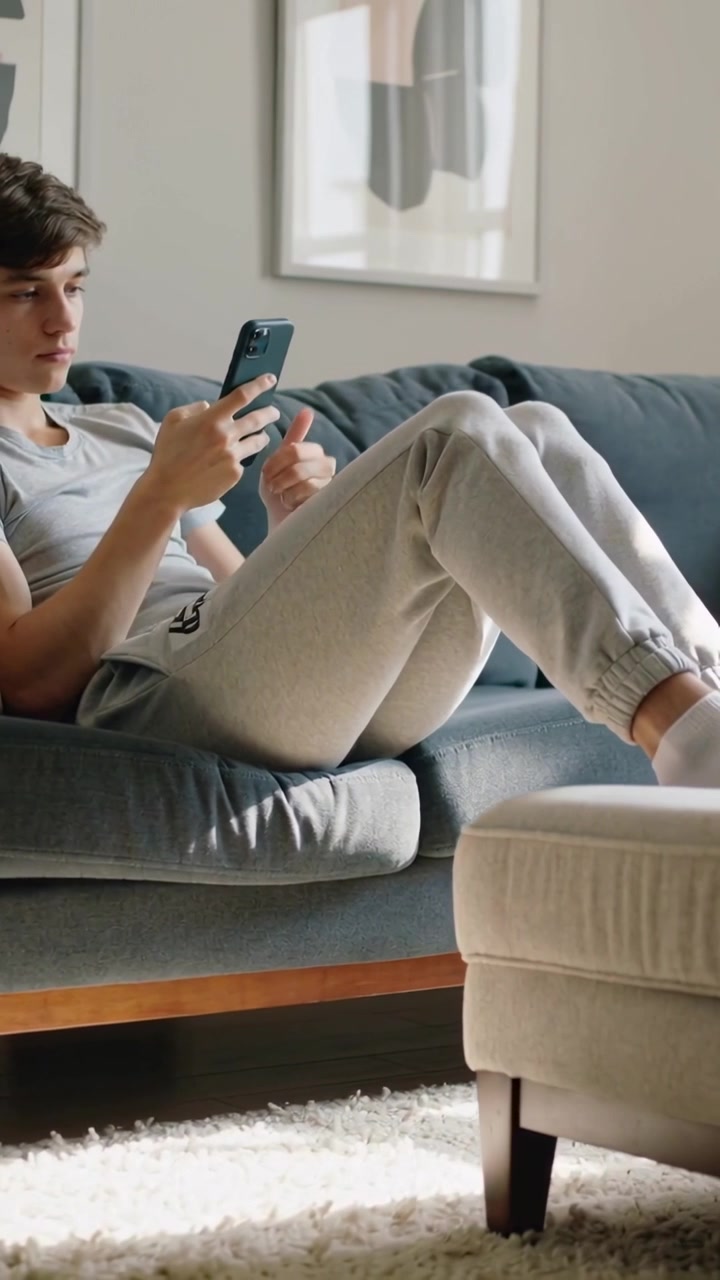 Video verticale: Adolescente maschio sdraiato che scorre lo smartphone su un divano blu a casa, indossando una maglietta grigia.