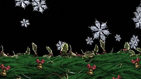 christmas holly wreath with snowflakes falling