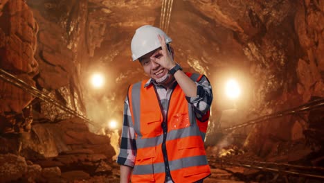 asian male engineer with safety helmet showing ok hand sign over eye and smiling to camera while standing in underground mine tunnel