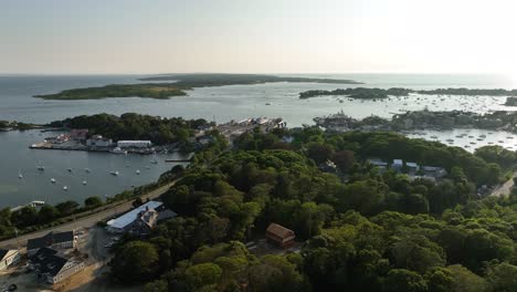 drone shot of woods hole in rural massachusetts on a sunny day