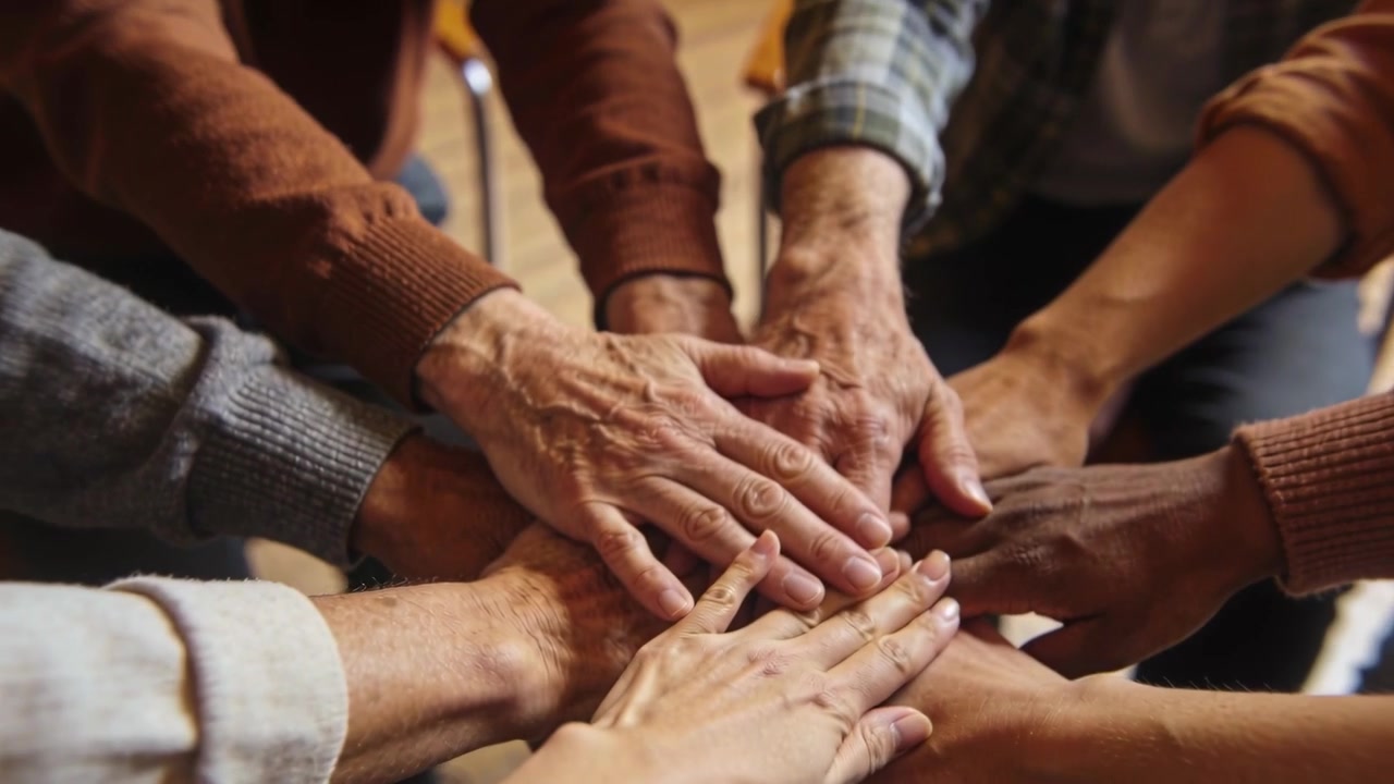 Adding hands, group of adults and seniors stacking and settling in community room, showing unity