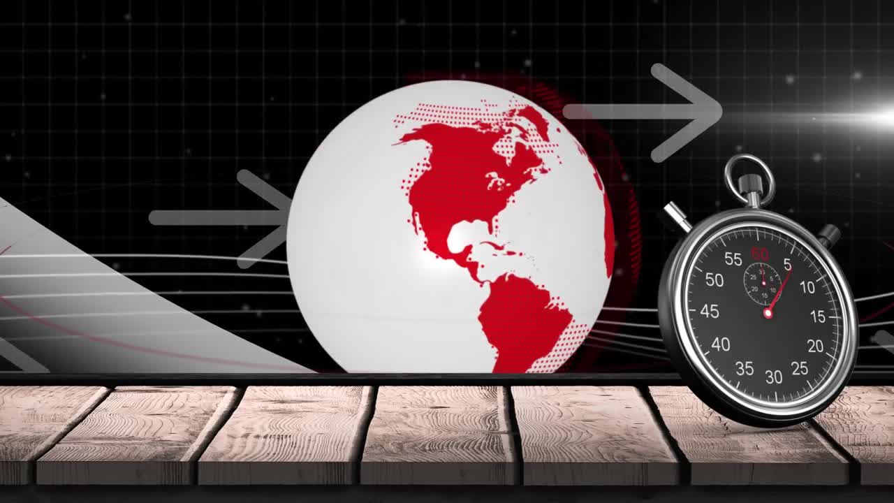 animación de un cronómetro con flechas y un globo girando sobre la cuadrícula sobre un fondo negro