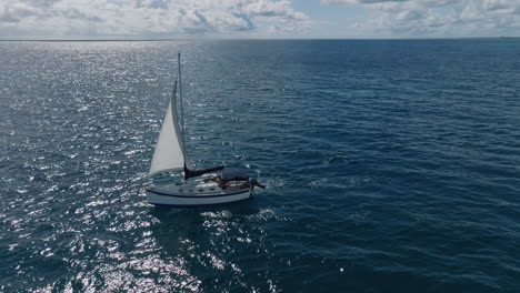 a breathtaking drone shot of a sailing yacht departing from the shoreline, featuring a person waving goodbye from the deck, against a stunning backdrop of endless blue seas and dramatic clouds