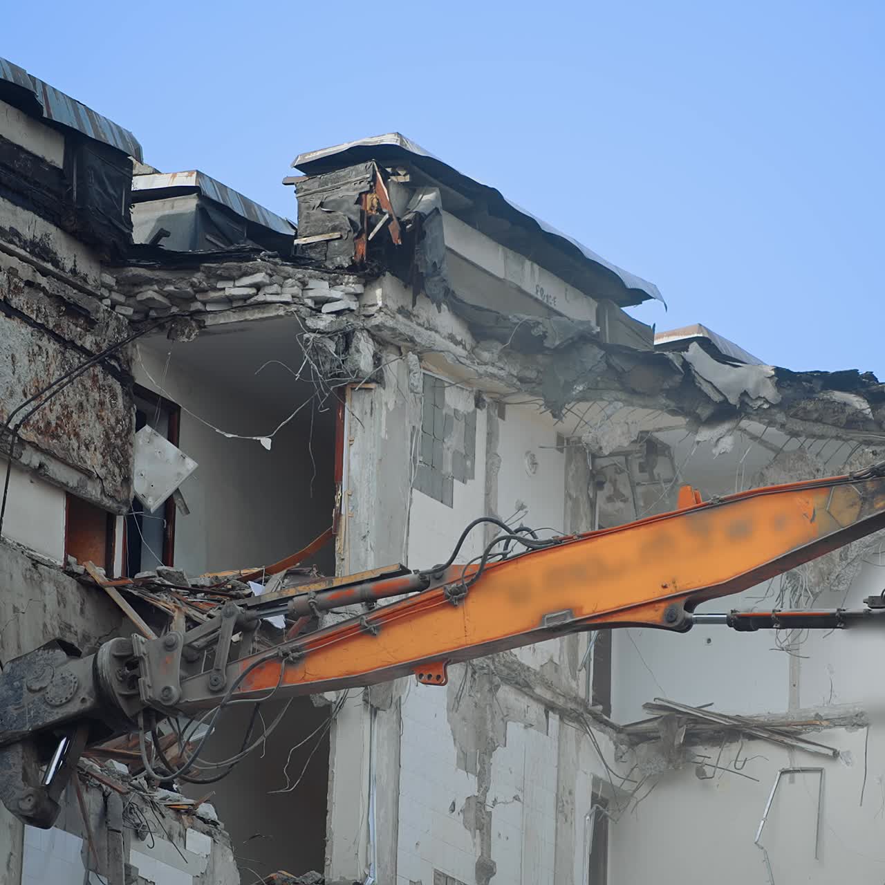 Ruins of the building under blue sky being demolished by the excavator machine. Disrupted house under the process of demolition for future city development