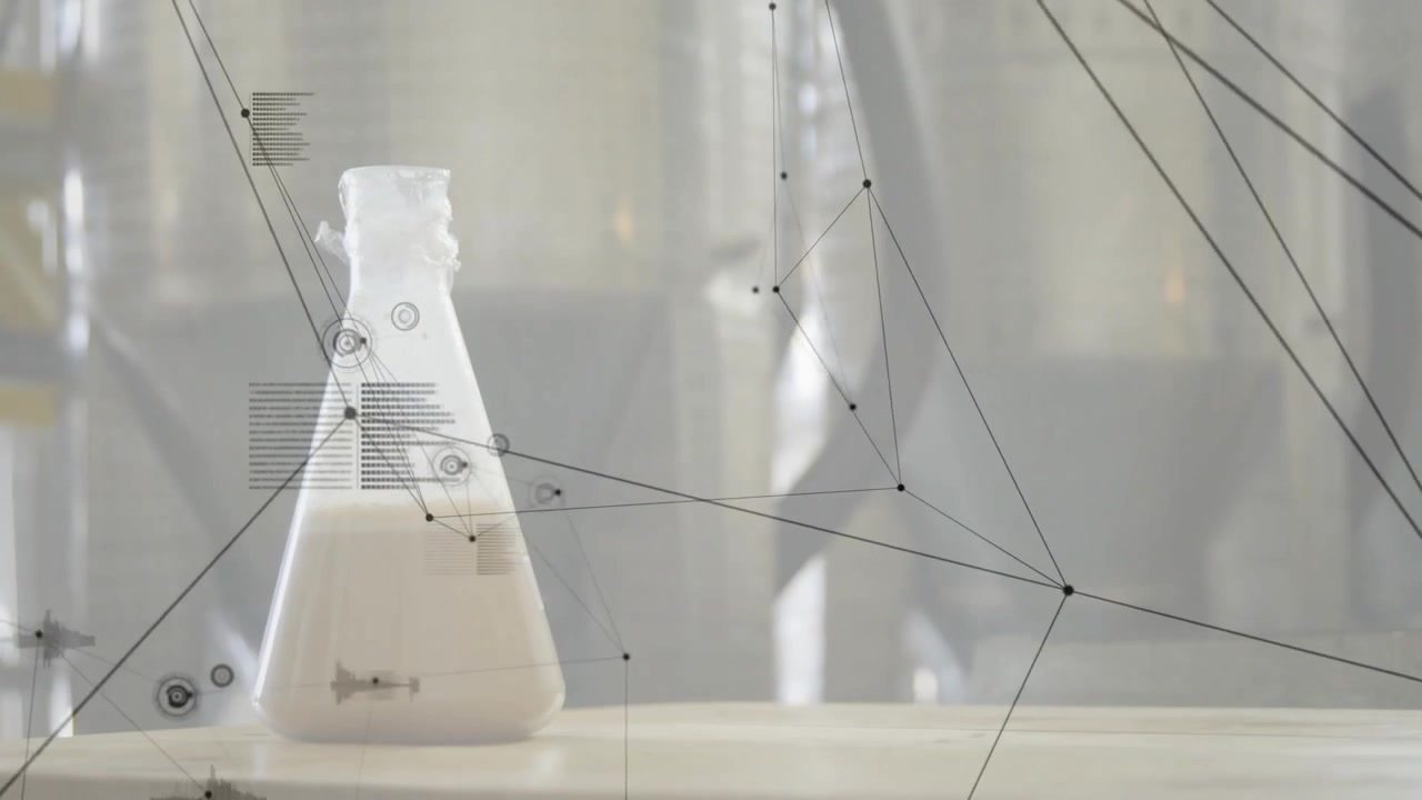 Faint data lines appearing behind flask then growing and connecting into mesh visualizing chemistry