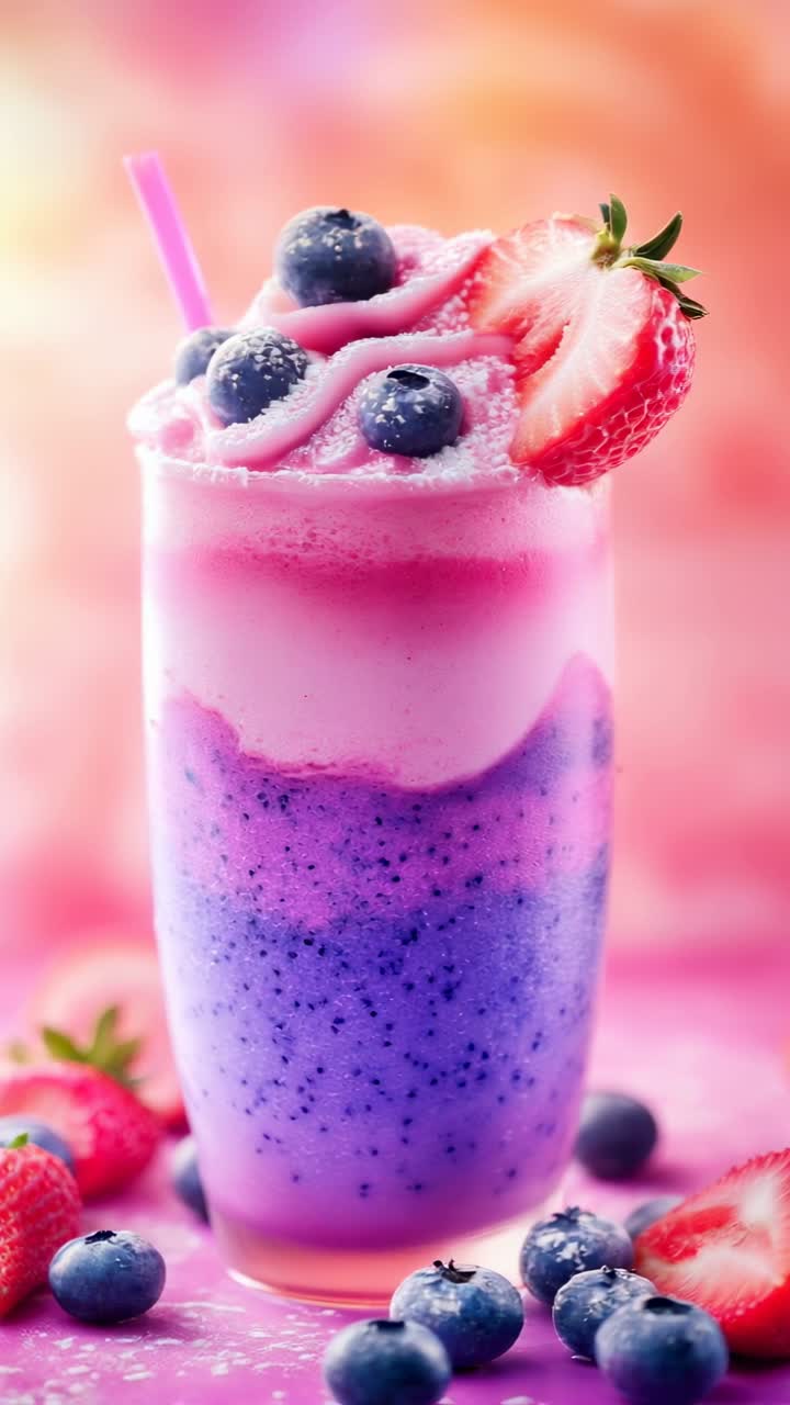 Un colorato e delizioso frullato di frutta servito in un bicchiere con frutti di bosco freschi e fragole