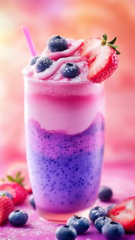 a colorful and delicious fruit smoothie served in a glass with fresh berries and strawberries