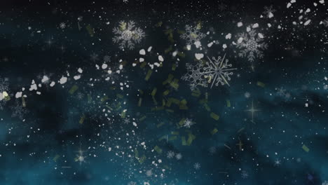 animation of confetti and snowflakes over black background