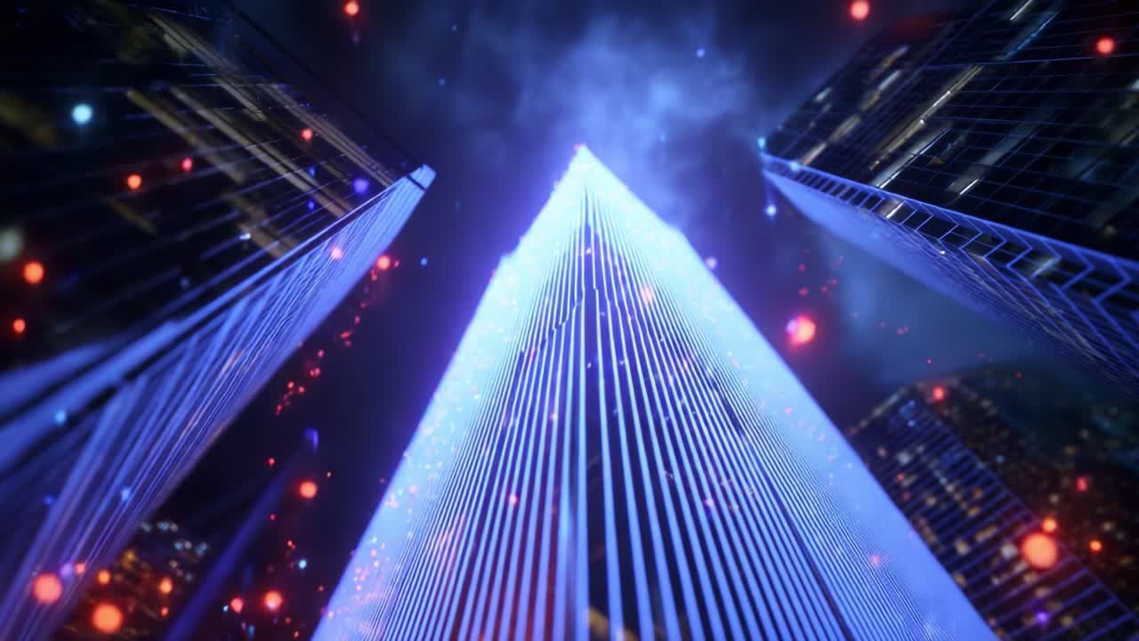 A Stunning Visual Journey Through Skyscrapers Illuminated by Vibrant Lights and Colors, Capturing the Essence of Urban Nightlife with a Vibrant Symphony of Particles in the Air