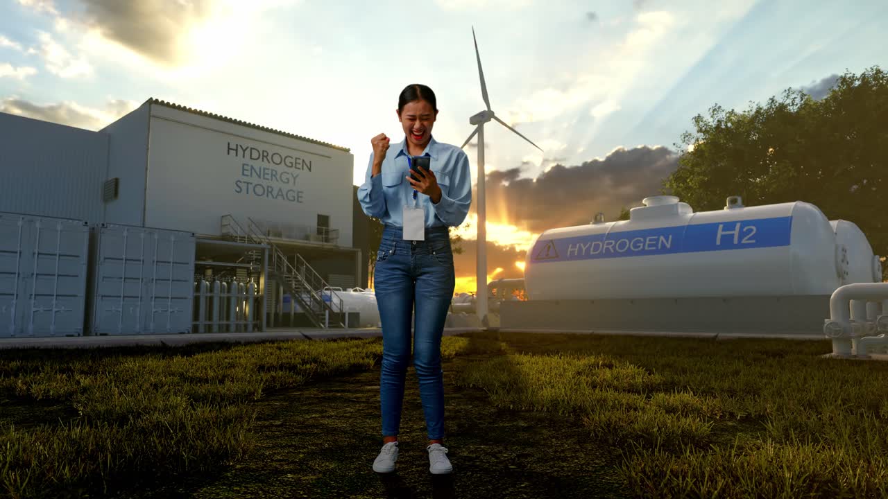 Donna che celebra il successo dello stoccaggio di energia a idrogeno