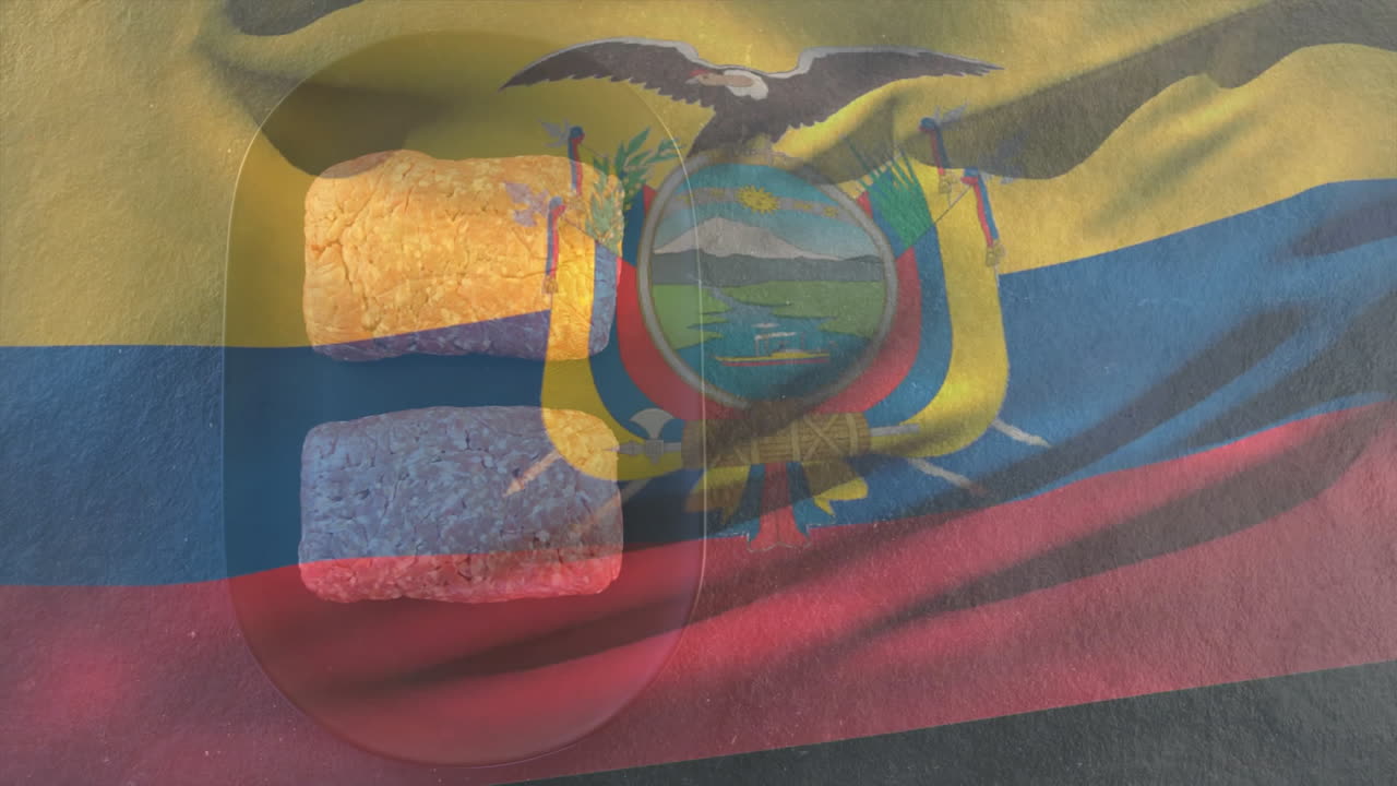 Piatti tradizionali ecuadoriani con sovrapposizione animata della bandiera su uno sfondo testurizzato.