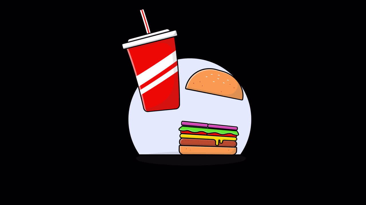Pasto fast food animato (hamburger e bibita) in stile cartone animato