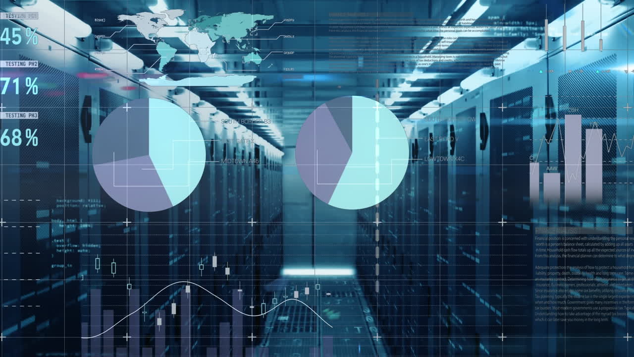 Animation of statistical data processing and mosaic squares over computer server room