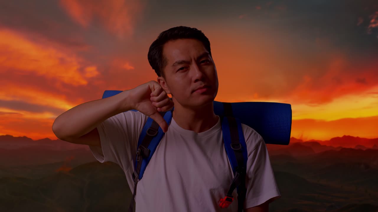 해가 지는 동안 실망한 여행자