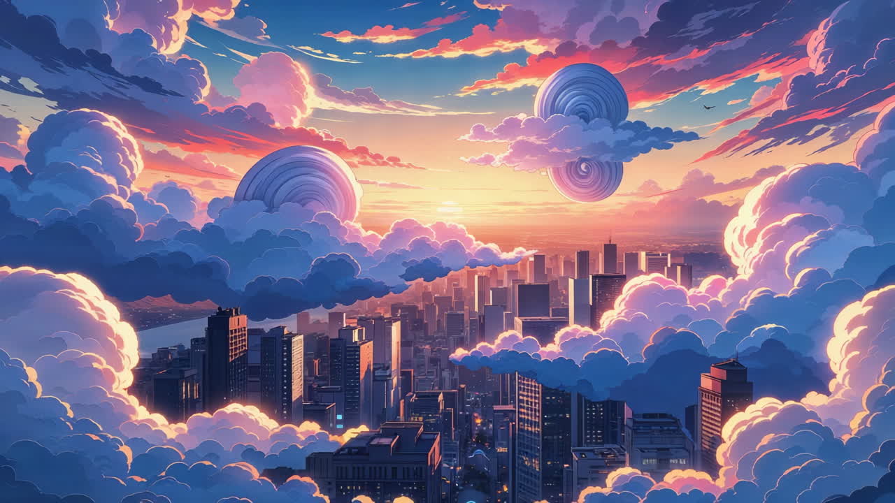 Paesaggio urbano fantastico con sfere vorticose e nuvole vibranti al tramonto