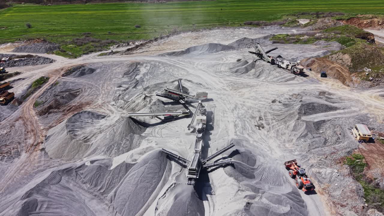 Aerial View of a Large Quarry with Active Stone Crushing Machinery