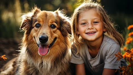 a joyful child with a playful dog in a sunny outdoor setting