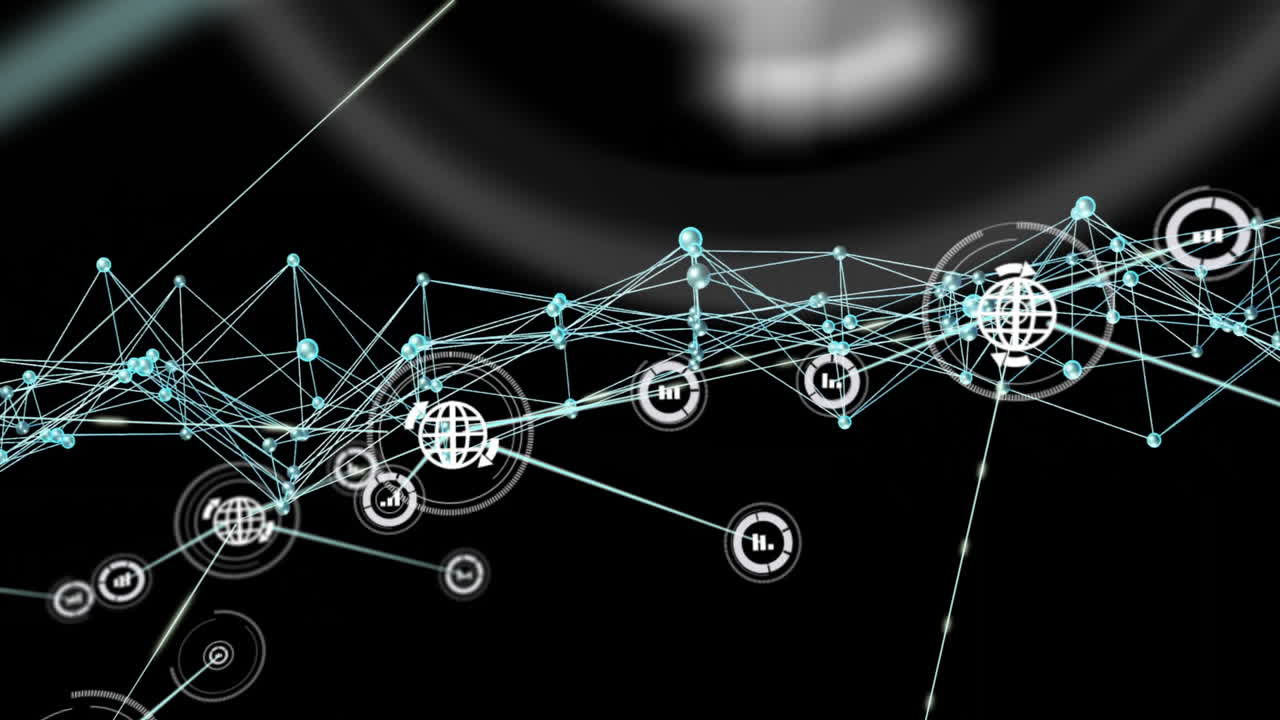 Animazione di una rete di connessioni con icone su sfondo nero.