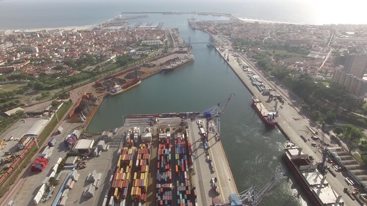 Aerial View Colorful shipping containers. Leixões, Portugal