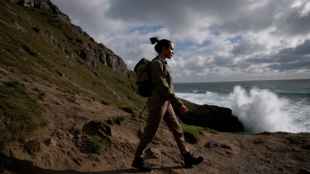 Woman Hiking Along a Rocky Coastline