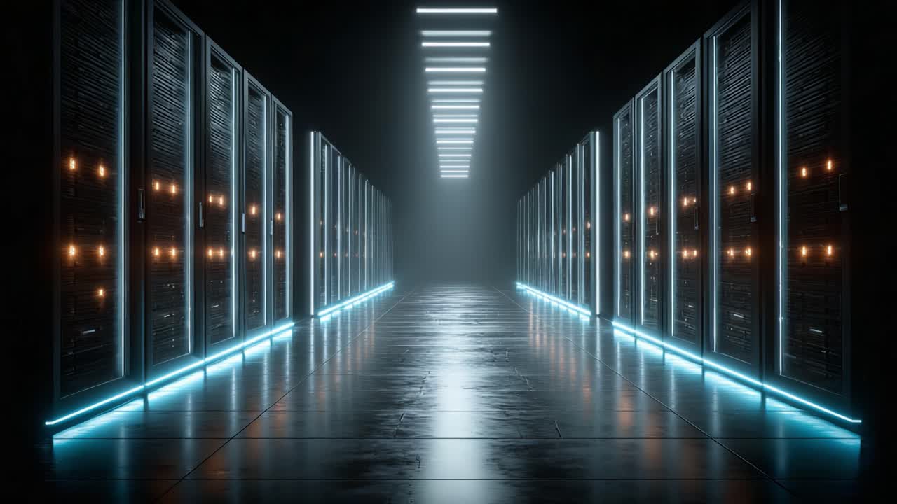 A Captivating View of a Modern Data Center Corridor, Showcasing Rows of High-Tech Server Racks Illuminated by Ambient Lighting in a Sleek, Futuristic Environment