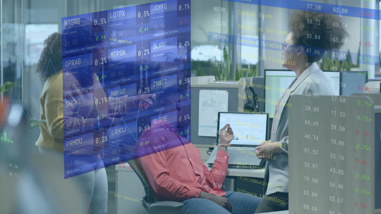 Animation of financial data processing over diverse business people in office