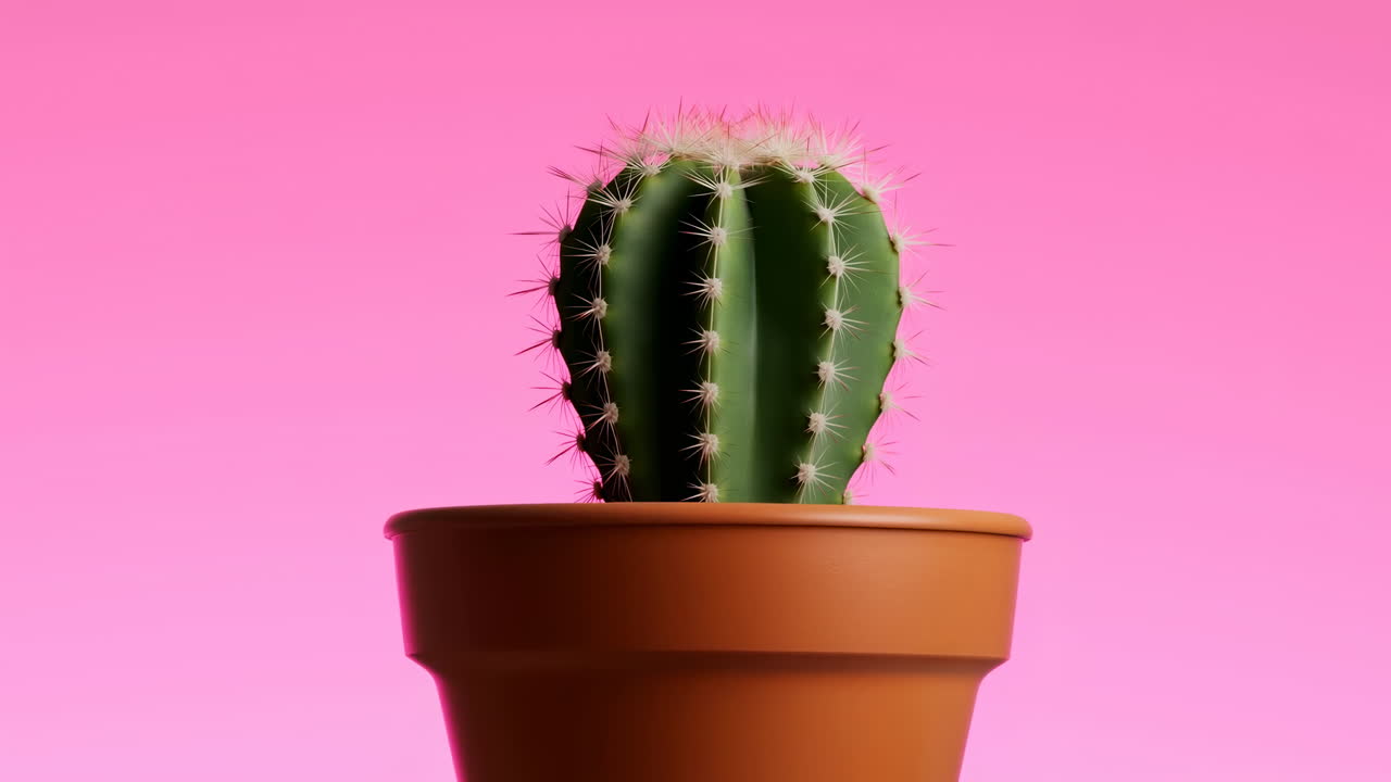Sfondo rosa brillante, primo piano di piccolo cactus verde e spinoso in vaso di terracotta, illuminazione da studio morbida.