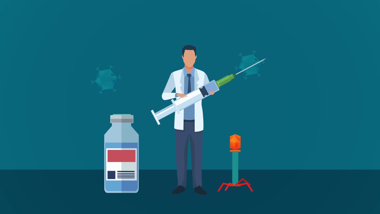 частицы вируса ковид-19 с врачом, поднимающим вакцину и флакон