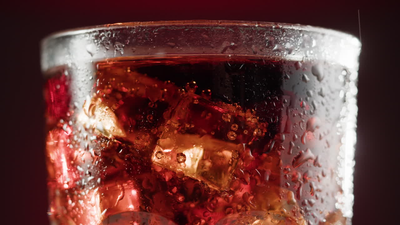 Close-up of a glass of cold soda with ice