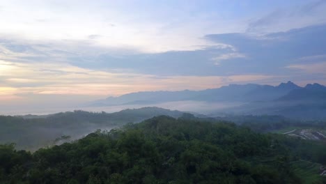 beautiful drone flight over forest and hill covered with mystic fog in the morning - epic nature footage of asia