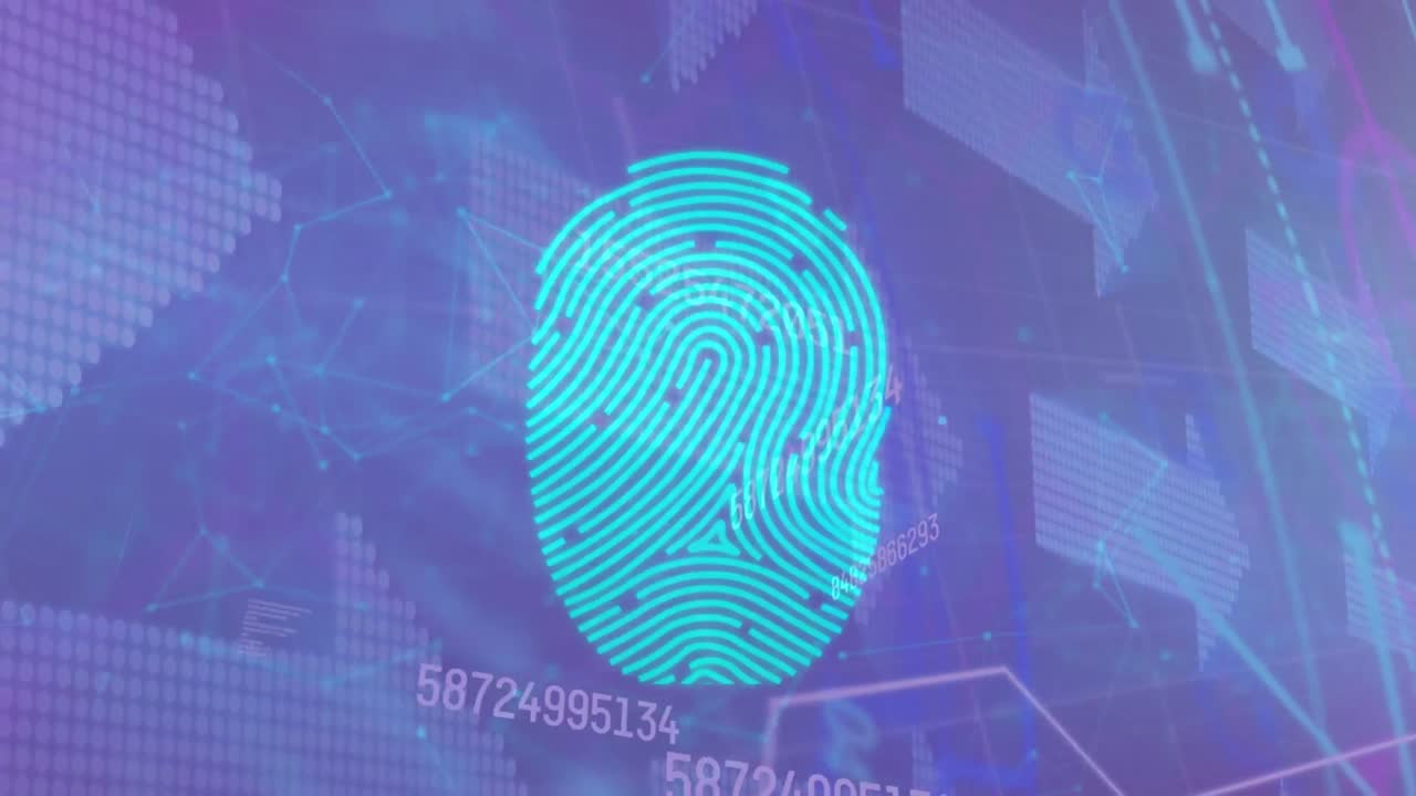 animación de datos, huellas dactilares y candados digitales sobre fondo violeta