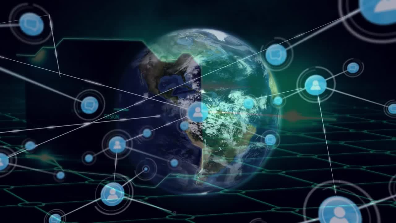 animación de la red de conexiones con iconos en todo el mundo y procesamiento de datos en fondo negro