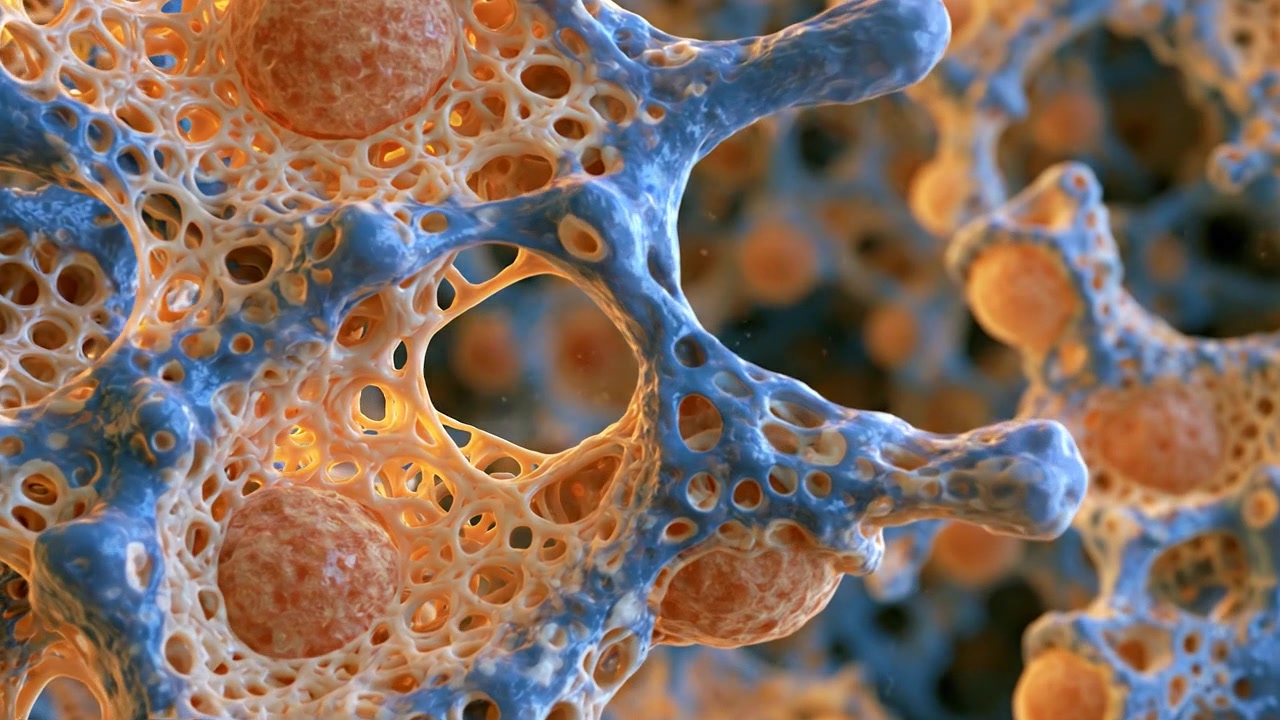 Strutture di membrana cellulare arancioni che formano un dettagliato motivo microscopico