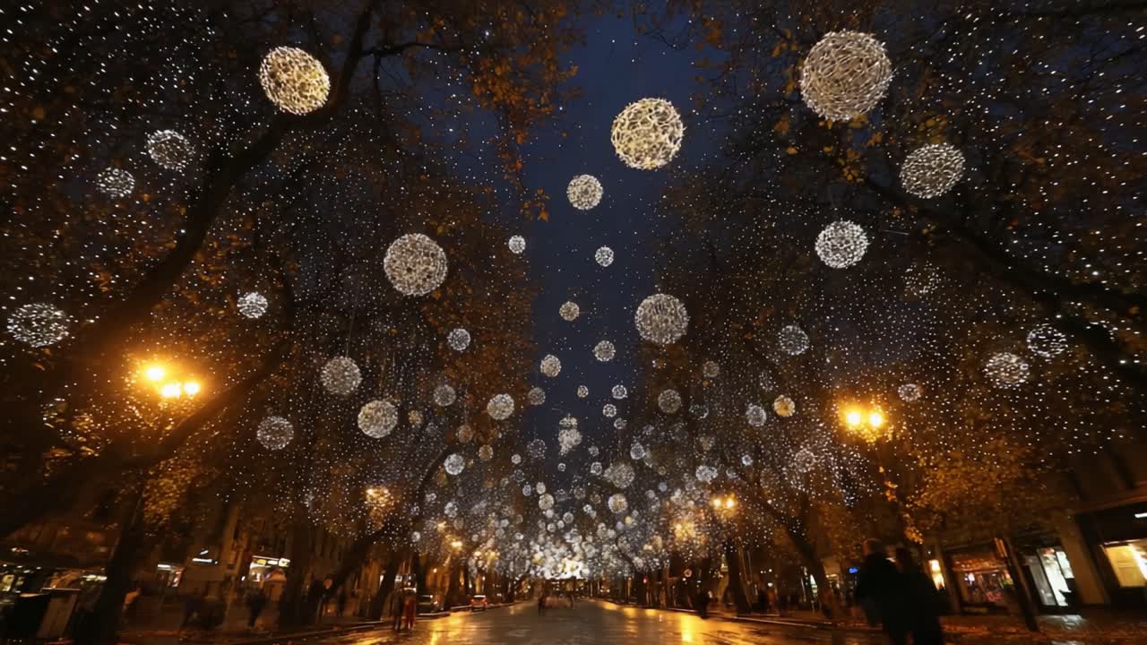 A Magical Night: Enchanting Street Blanketed in Ethereal Light Decorations and Cheerful Atmosphere Captured in a Stunning Urban Landscape Scene