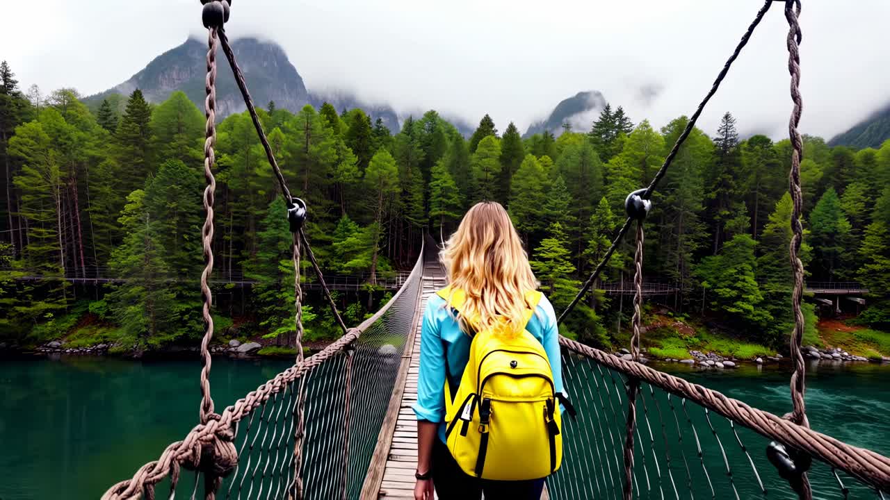 Wooden Suspension Bridge Over Misty Mountain River