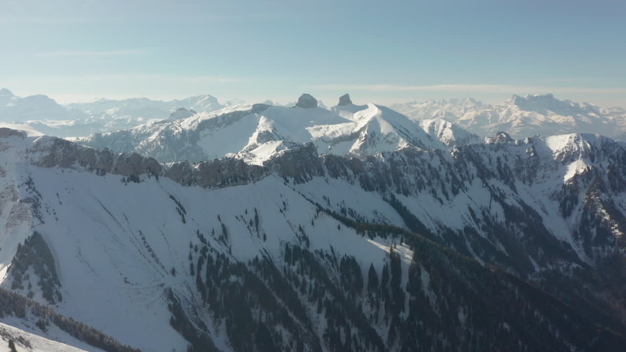 Veduta dall'alto di una splendida valle innevata piena di pini verdi