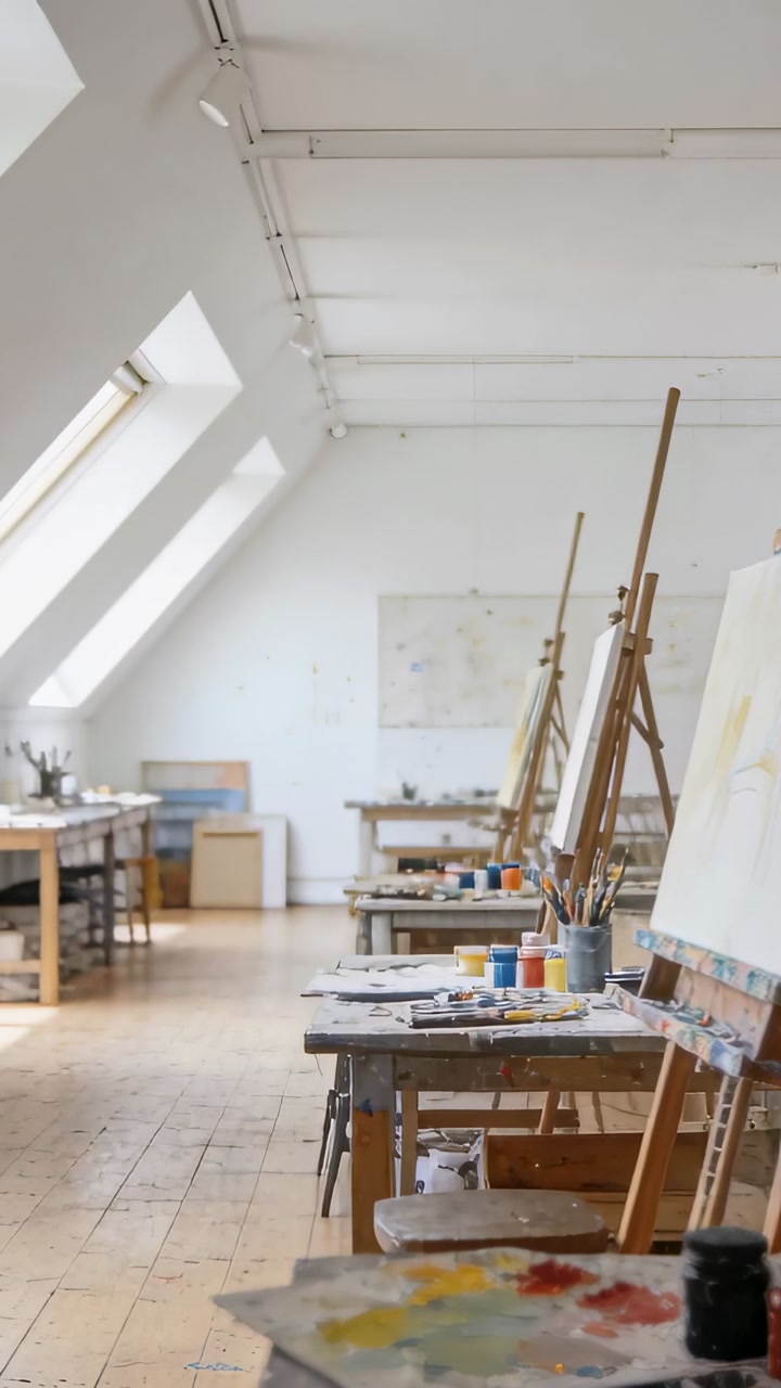 Vertical video: Panning camera revealing wooden easels and paint station in loft, showing palettes
