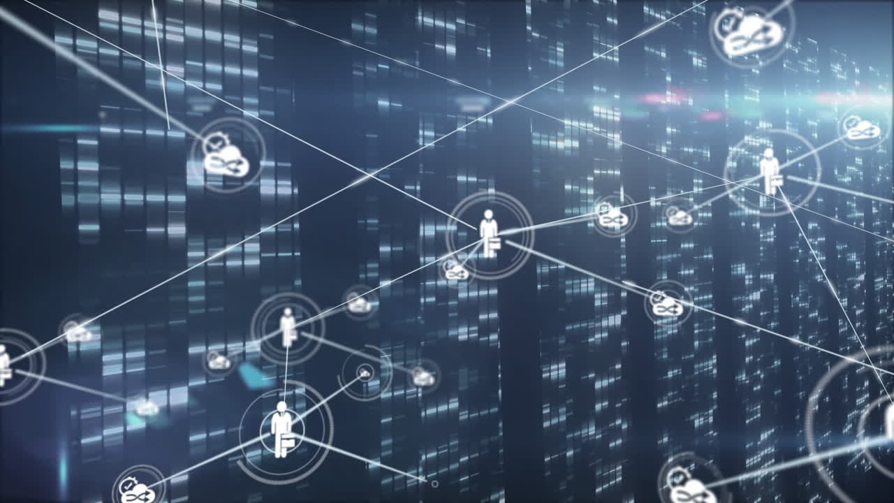 Abstract network showing white nodes linking business icon, automation-cloud over data backdrop