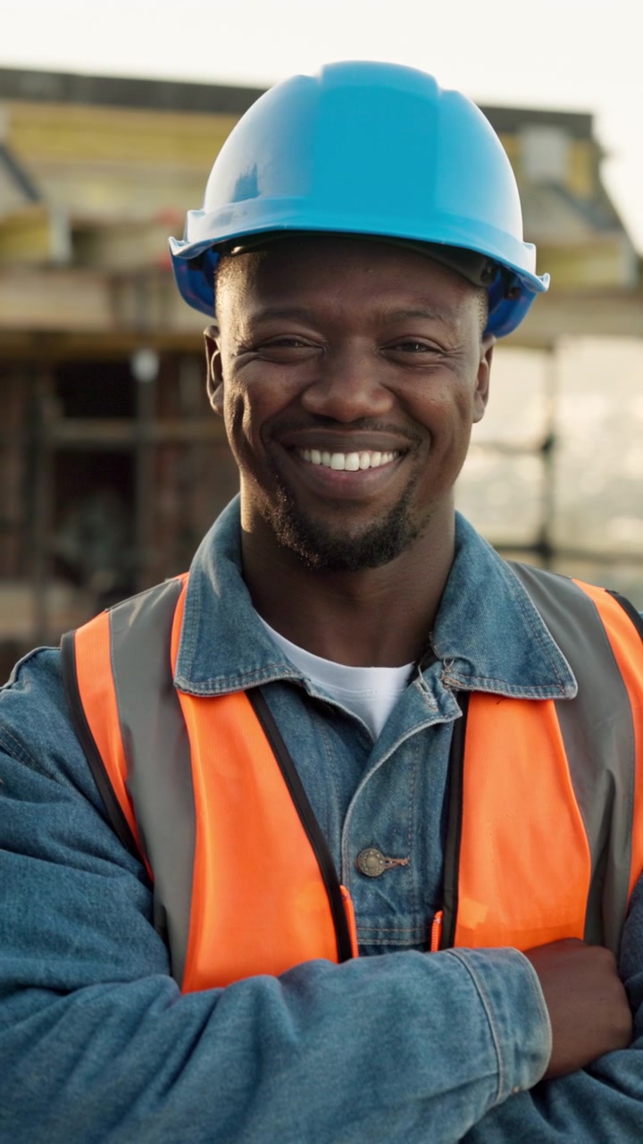 Smiling Construction Worker Wearing Hard Hat and Safety Vest