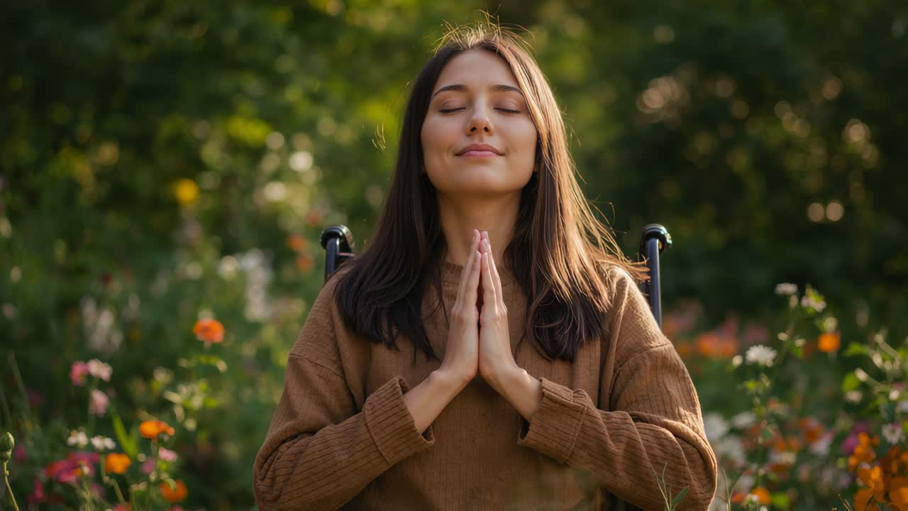 Closing eyes woman in mobility chair breathing out slowly for meditation at garden, brown sweater