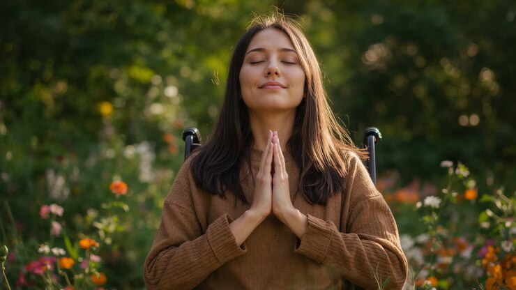 Donna con gli occhi chiusi su sedia a rotelle che espira lentamente per meditare in giardino, con maglione marrone
