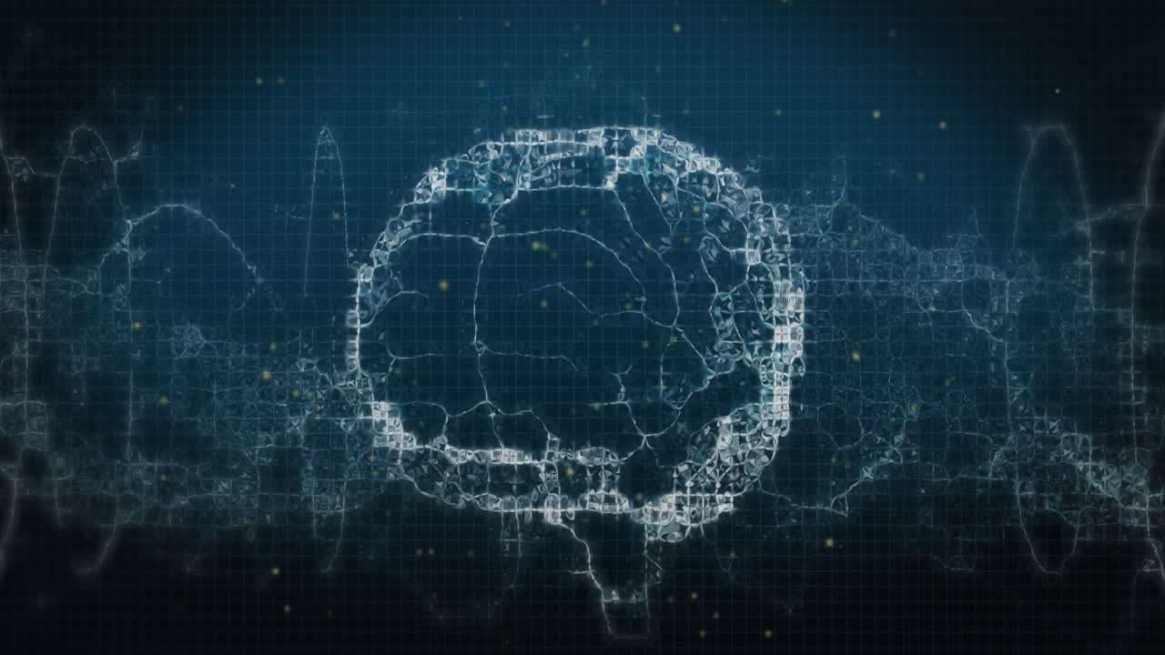 하 점과 디지털 파동의 애니메이션은 파란색 배경에 회전하는 인간 뇌 아이콘을 통해