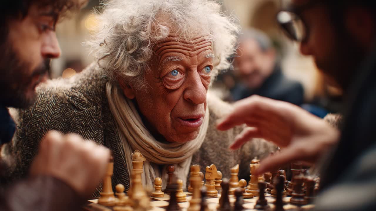 Intense Chess Match: An Elderly Player's Focus and Strategy in a Competitive Outdoor Setting, Surrounded by Opponents and Onlookers, Engaged in a Battle of Wits and Skill