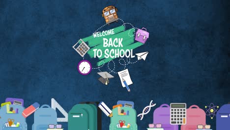 Digital-composite-video-of-welcome-back-to-school-text-and-school-equipments-icons