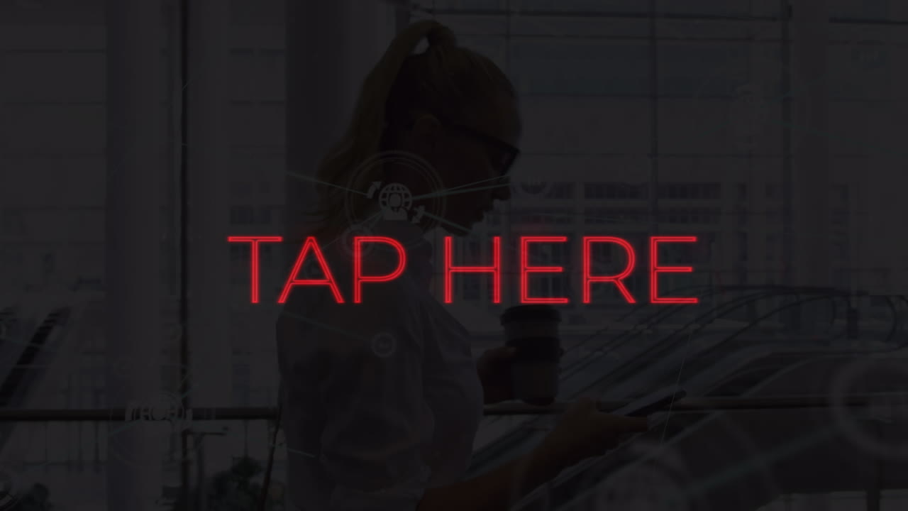 스마르폰을 사용하는 백인 여성에 대한 텍스트를 누르는 애니메이션