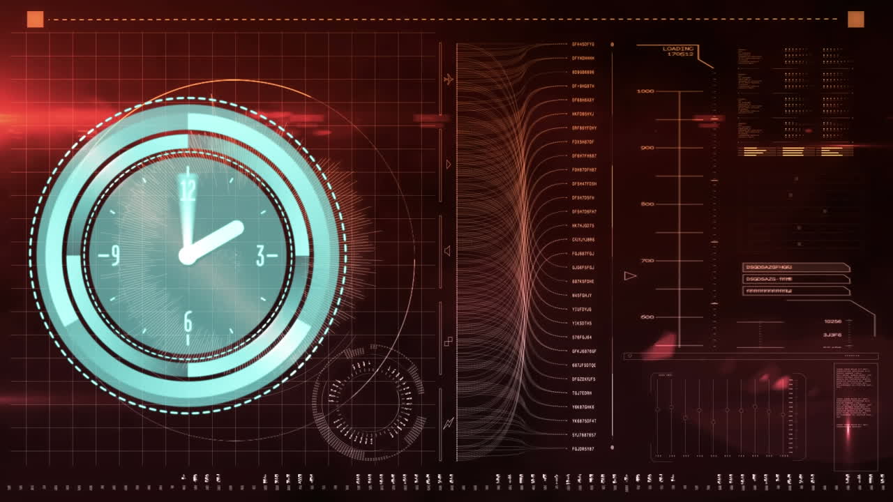 화면에서 빠르게 움직이는 시계와 데이터 처리의 애니메이션