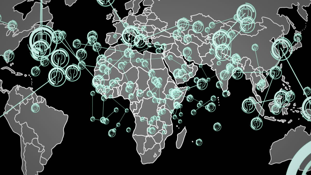 animación de la red de conexiones con iconos y mapa del mundo sobre fondo negro